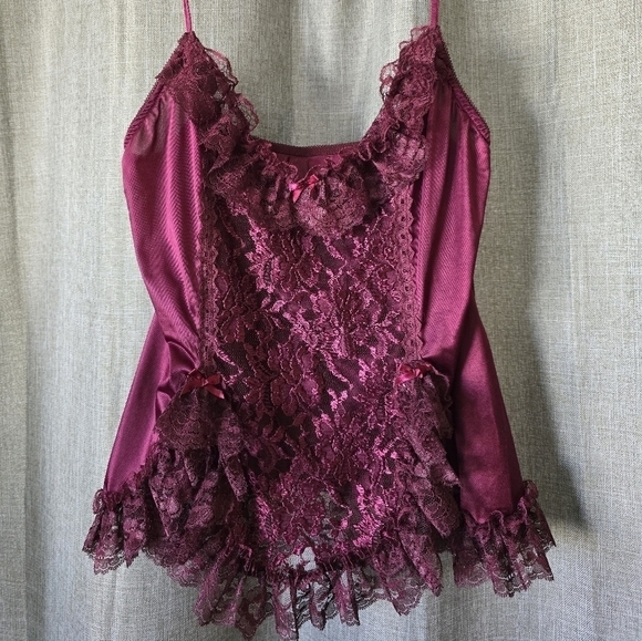 Vintage Lingerie Top With Matching Cover Up Maroon Lace Bows Size M - Picture 3 of 6